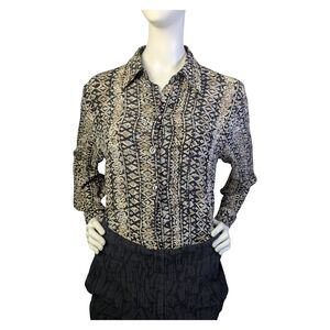 Vintage Abstract Print Rayon Blouse Neutral Pattern Button Front Size 8